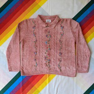 80/90s Pink Collared Knit Floral Sweater with beads by Alfred Dunner